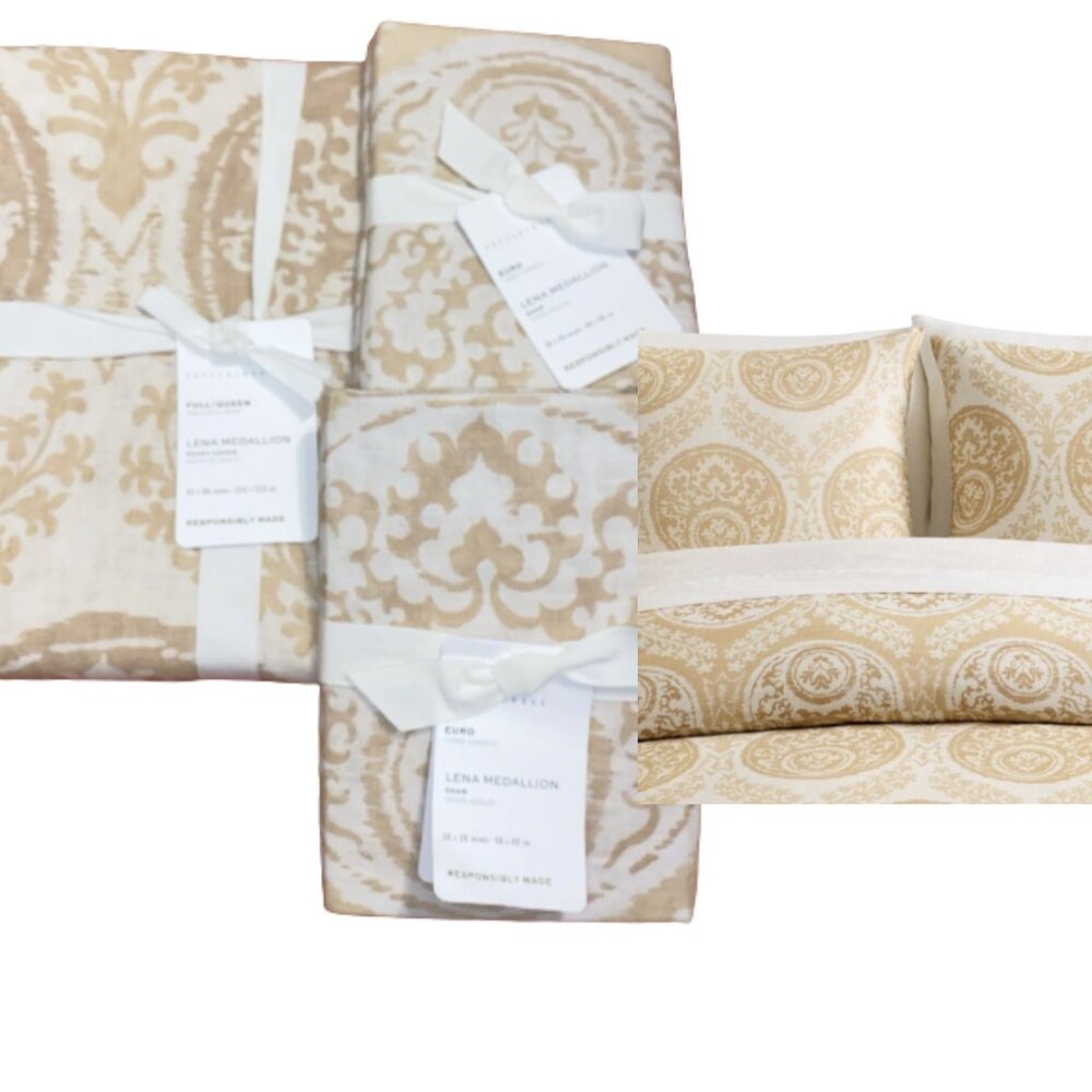 Pottery Barn Cotton Linen Blend Full/Queen Duvet and 2 Euro Shams Lena Medallion